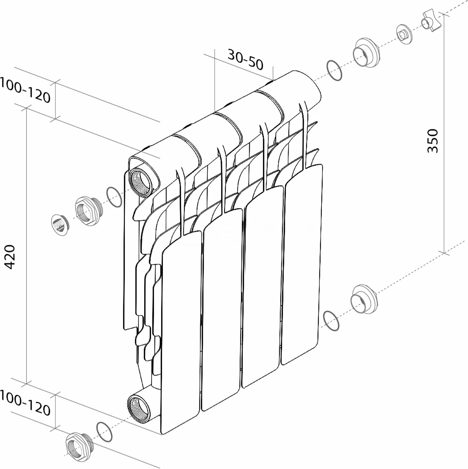 Подключение 10 секций Радиатор алюминиевый Royal Thermo Revolution 350 4 секции в Краснодаре - купить 