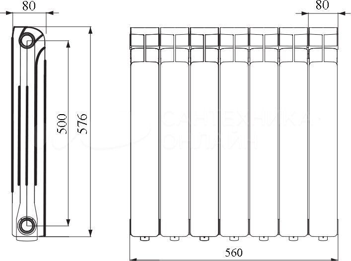 Подключение 10 секций Радиатор алюминиевый Stout Bravo 500 7 секций, боковое подключение в Мурманске -