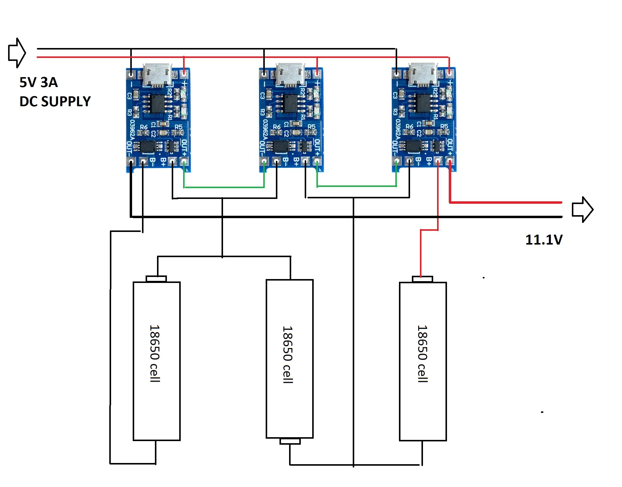 Подключение 2 bms series charging three 18650 batteries with three chargers off the same 5V supply