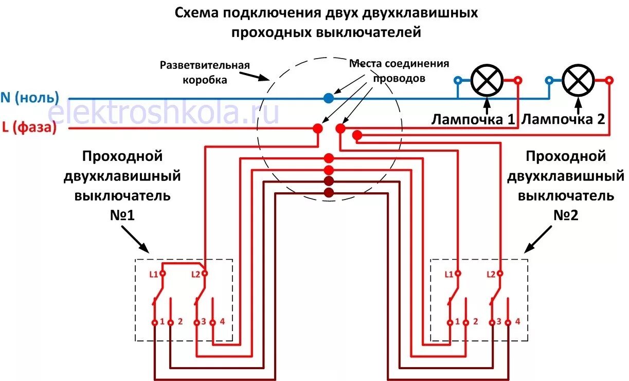 Подключение 2 двойных проходных выключателей Подключение проходных и перекрестных выключателей