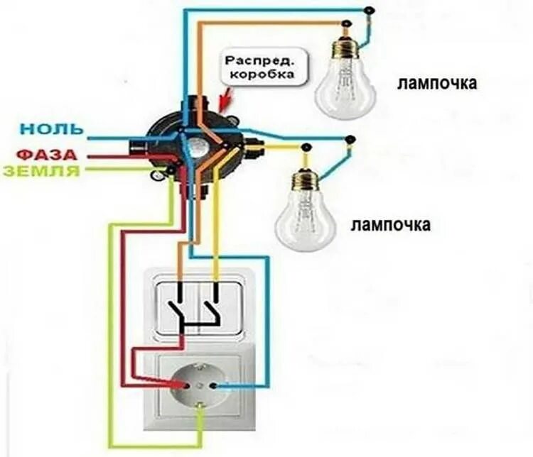 Подключение 2 кл выключателя Две лампочки две розетки как подключить