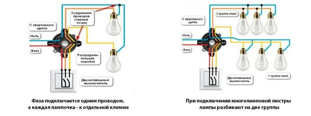 Подключение 2 клавишного выключателя к 2 лампочкам Как подключить люстру к двойному выключателю, на два и более рожков