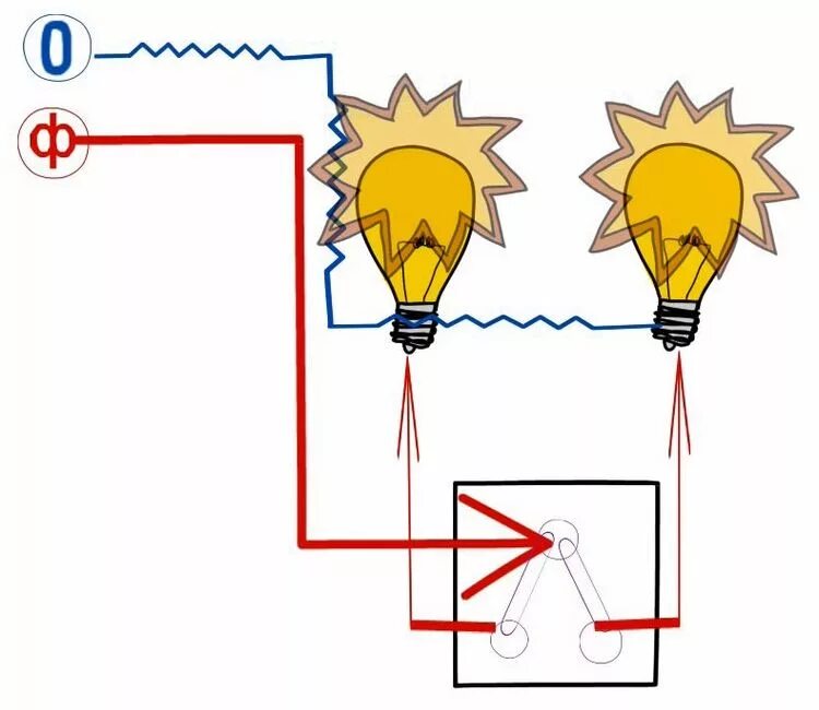 Подключение 2 лампочек Двухклавишный выключатель на два светильника