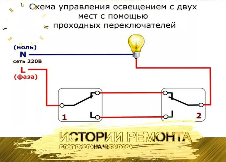 Подключение 2 лампочек 2 проходными выключателями 2 выключателя на 1 лампочку фото - DelaDom.ru