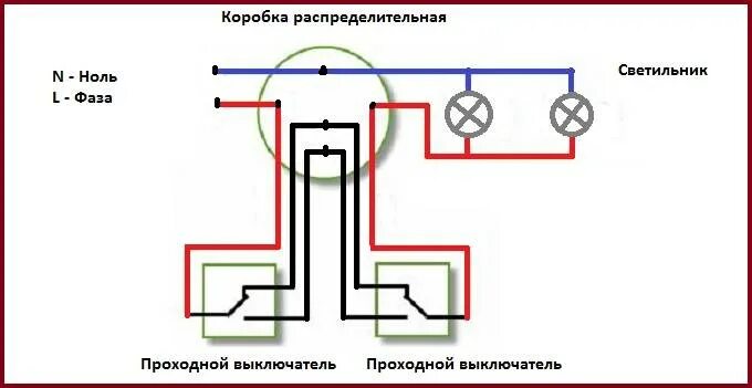 Подключение 2 лампочек 2 проходными выключателями Как расключить коробку проходного выключателя