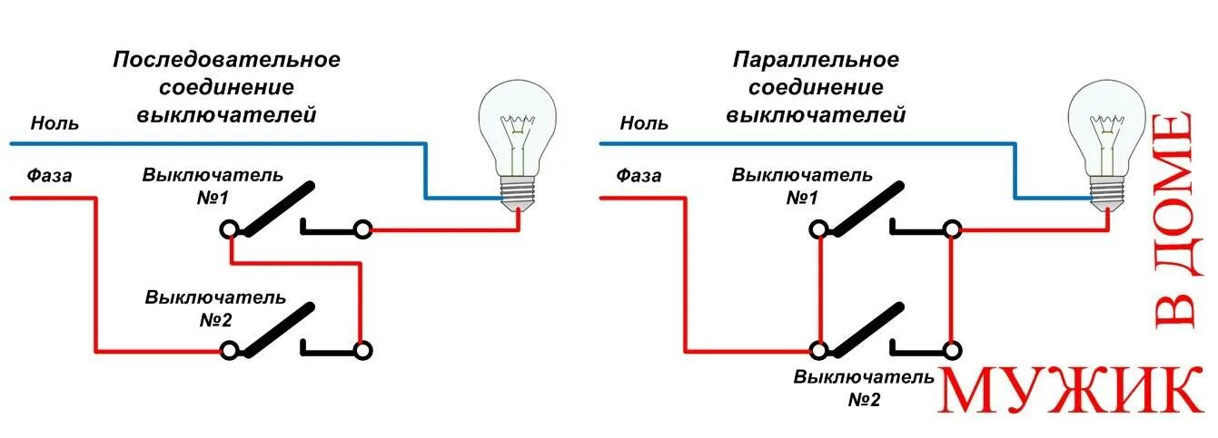 Подключение 2 лампочек Схема параллельного соединения двух выключателей