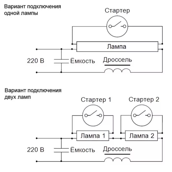 Подключение 2 люминесцентных ламп Схема подключения люминесцентных ламп - пошаговая инструкция!