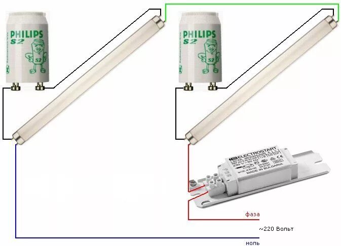 Подключение 2 люминесцентных ламп Схема подключения люминесцентных ламп - пошаговая инструкция!
