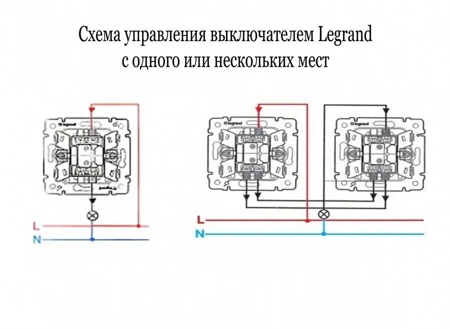 Подключение 2 одноклавишных проходных выключателей Схема подсоединения проходного выключателя легранд