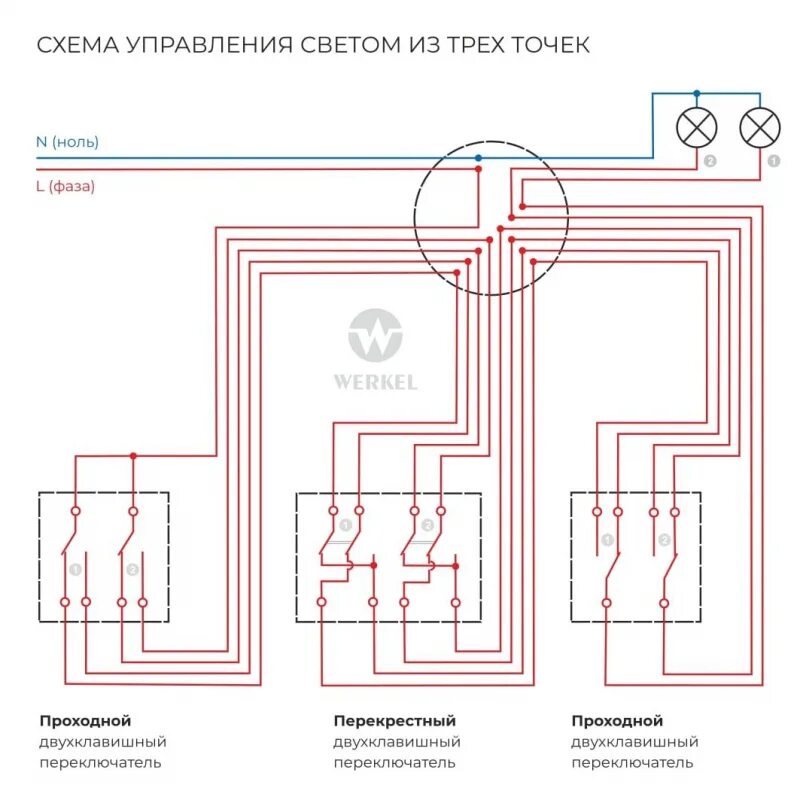 Подключение 2 перекрестных выключателей Перекрестный переключатель двухклавишный Werkel белый W1123001 4690389182105 a05