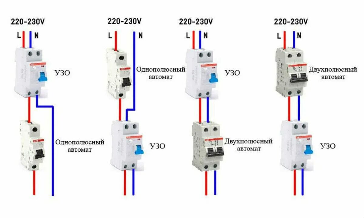 Подключение 2 полюсного автомата Розетка через узо