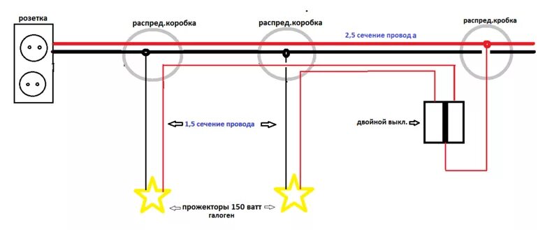 Подключение 2 прожектора Ответы Mail.ru: СХЕМА подключение двух прожекторов к двойному выключателю в гара