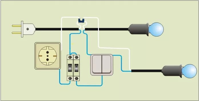 Подключение 2 розеток 2 лампочек схема Автоматический выключатель.