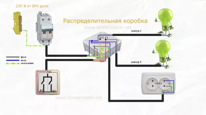 Подключение 2 розеток 2 лампочек схема Двойной выключатель схема подключения двух жильный кабель