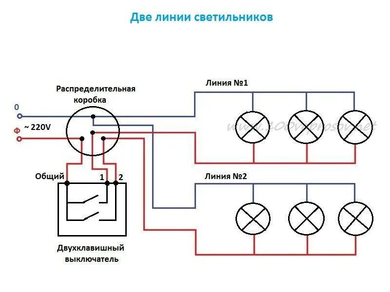 Подключение 2 светильников Подключение выключателя с подсветкой с двумя лампами