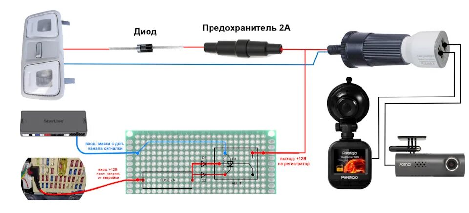 Подключение 2 видеорегистраторов Подключение регистраторов к сигнализации и плафону салонного освещения - KIA Rio