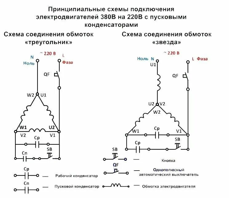 Подключение 2х фазного двигателя через конденсатор схема Как подключить двигатель 380в если сеть 220в, и как сделать кулачковый реверс пе