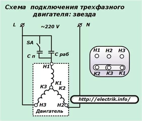 Подключение 2х фазного двигателя на 220 Типовые схемы подключения трехфазного двигателя к однофазной сети Конденсаторы, 