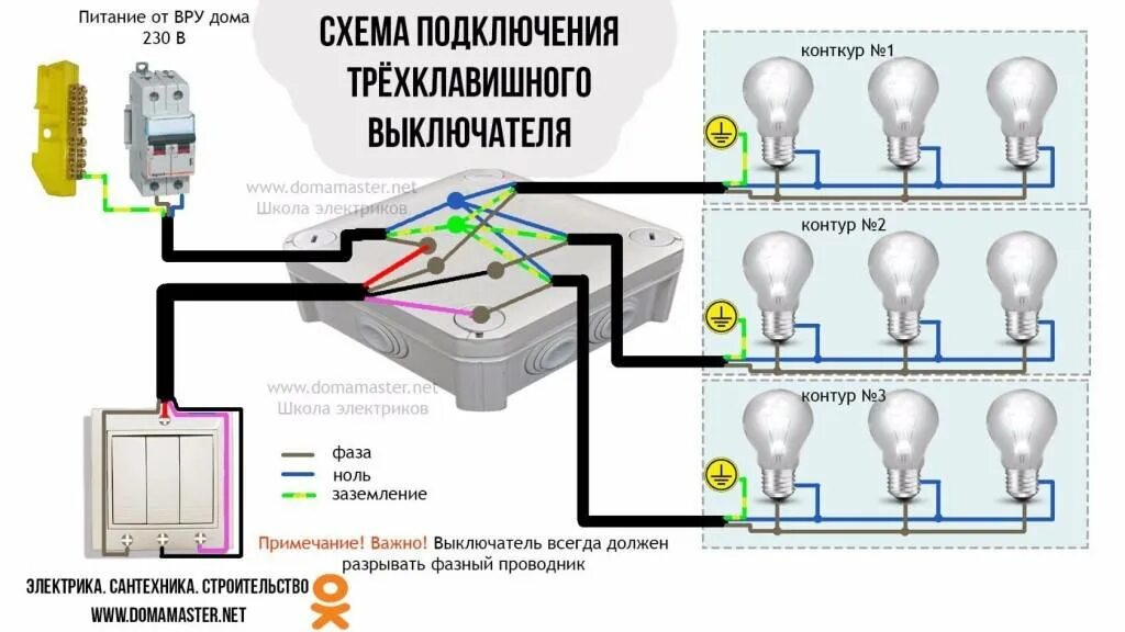 Подключение 3 Как подключить трёхклавишный выключатель света: схема, как правильно подсоединит