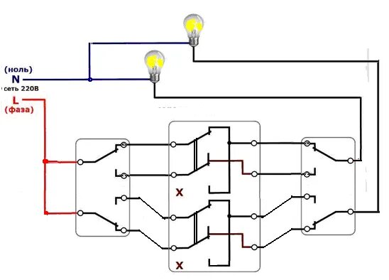 Подключение 3 двойных проходных выключателей Схема управления светом из трех мест Электрик 52