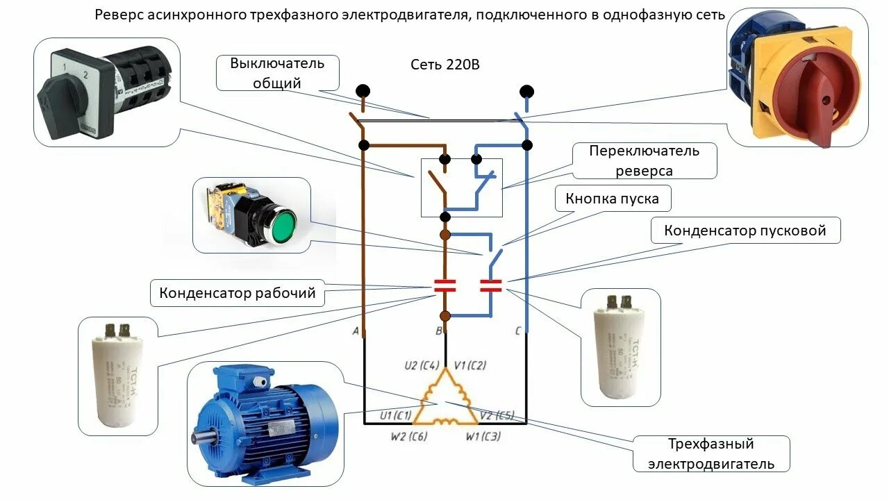 Подключение 3 фазного мотора в реверсивном Реверс асинхронного трехфазного электродвигателя, подключенного в однофазную сет