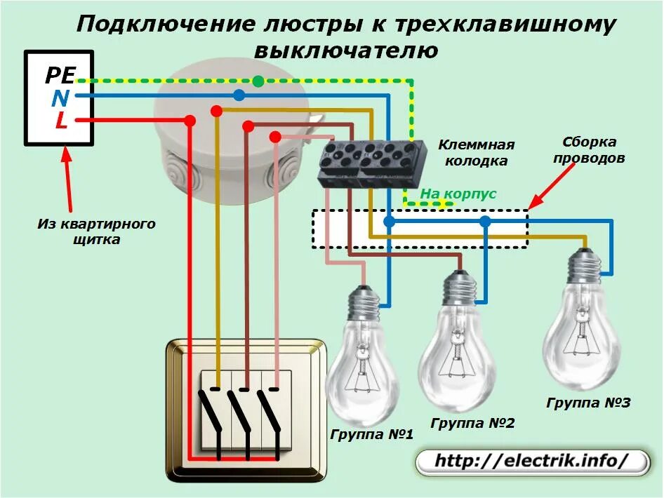 Подключение 3 х клавишного выключателя Как подключить люстру к выключателю " Электрик Инфо