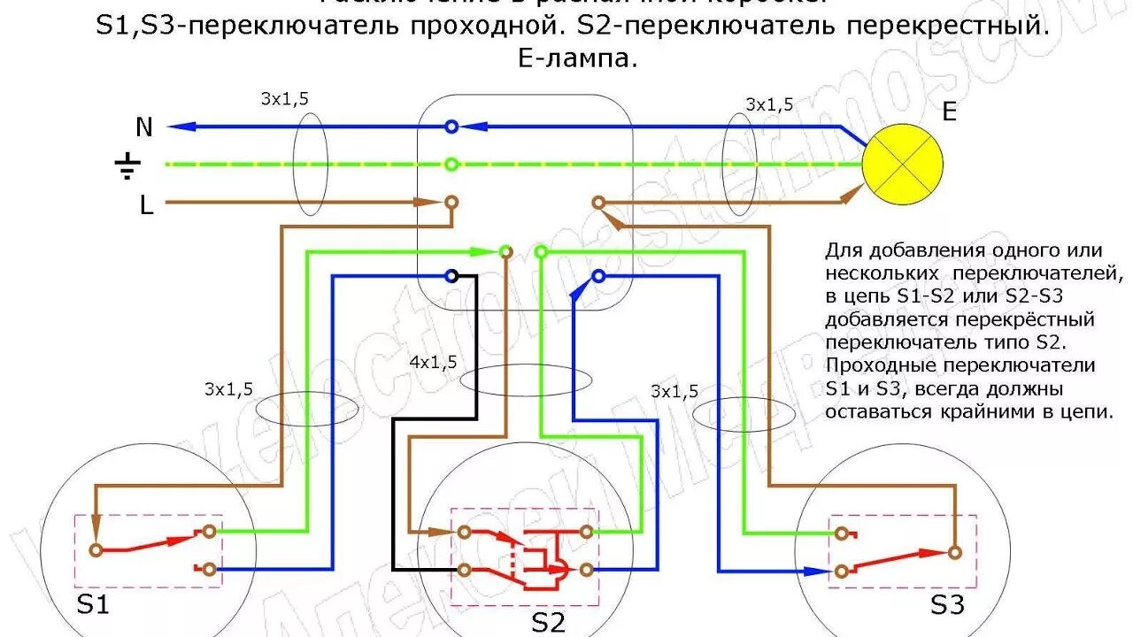 Подключение 3 х проходных выключателей Управление освещением 2 и более мест. Схемы освещения. - YouTube