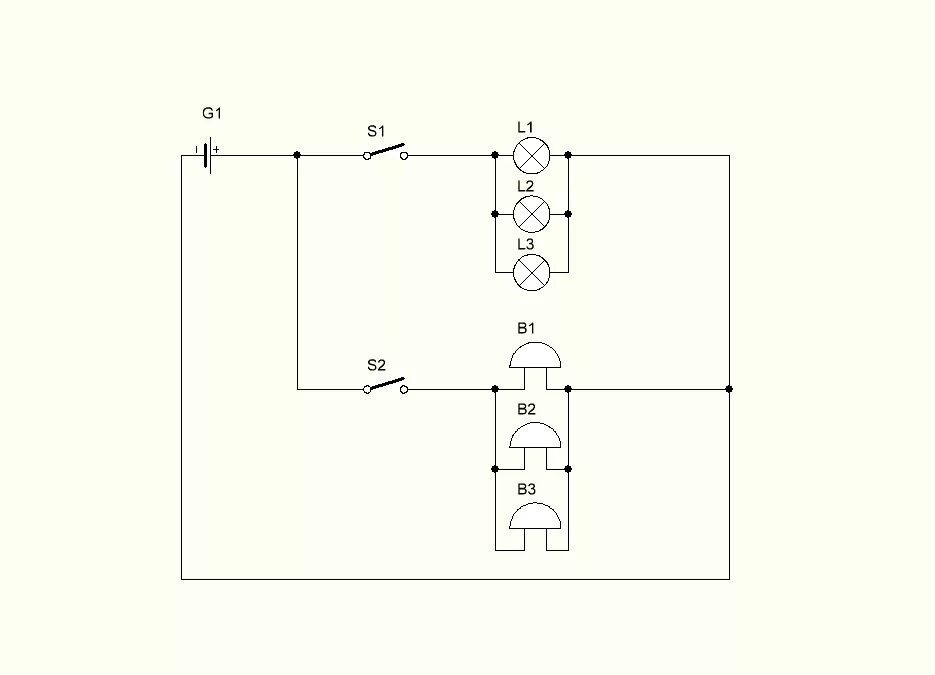 Подключение 3 ламп и звонка одновременно Сделать схему цепи с тремя лампочками, и тремя звонками. один ключ включает все 