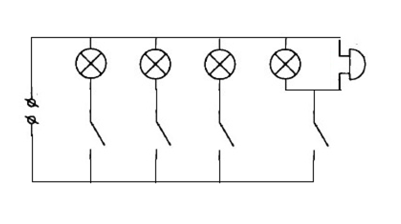 Подключение 3 ламп и звонка одновременно Ответы Mail.ru: как подключить? 4 лампочки 4 переключателя 1 звонок, схему дайте