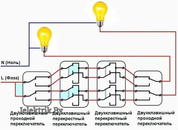 Подключение 3 мест Lighting control from four locations To organize the management of lighting devi