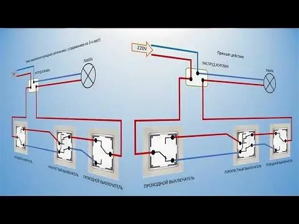 Подключение 3 мест Схема подключения проходных выключателей с управлением из 3-х мест - YouTube Вык