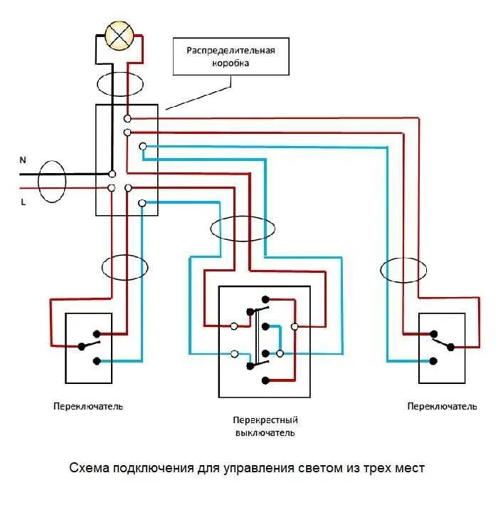 Подключение 3 мест Схема проходного выключателя с трех мест