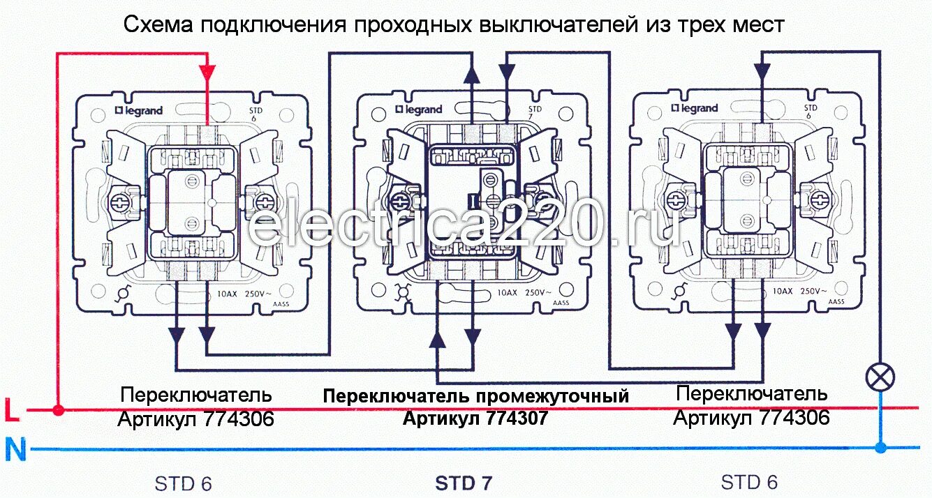 Подключение 3 одноклавишных проходных выключателей ᐈ 774307 Legrand Valena Перекрестный переключатель