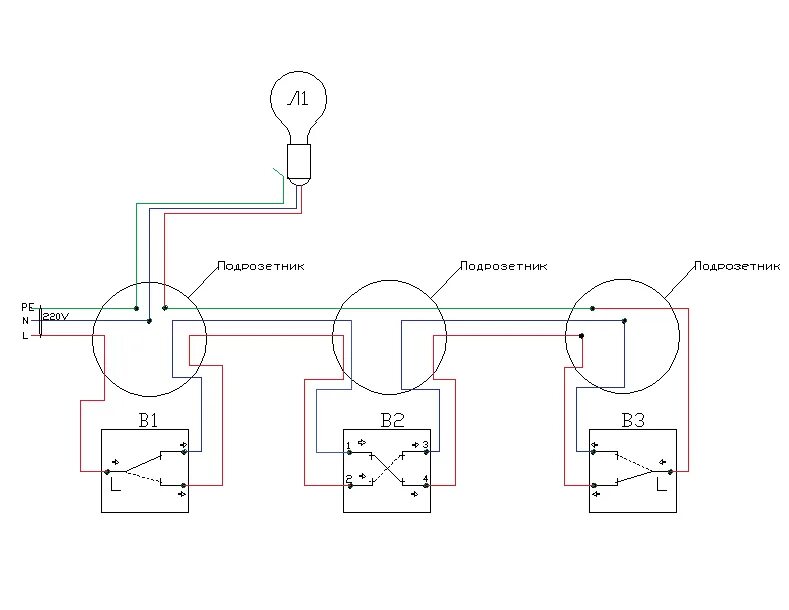 Подключение 3 проходных выключателей к 1 лампочке Картинки ПРОХОДНОЙ ВЫКЛЮЧАТЕЛЬ НА 2 ЛАМПОЧКИ