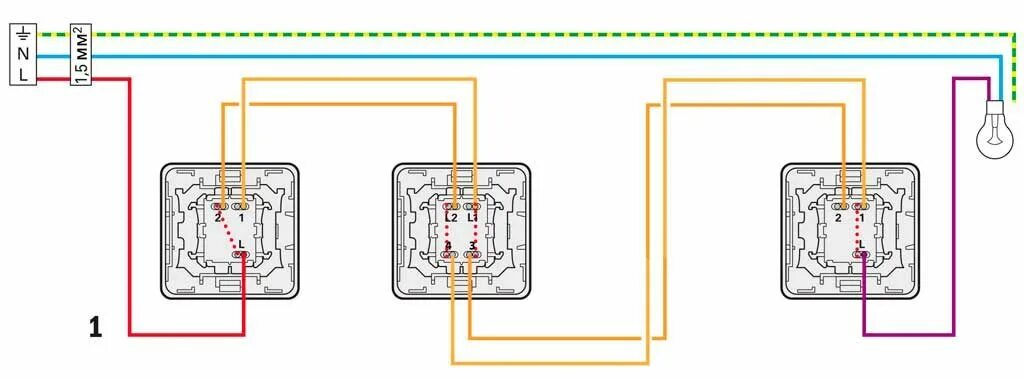 Подключение 3 проходных выключателей к 1 лампочке Проходной выключатель тройной схема фото - DelaDom.ru