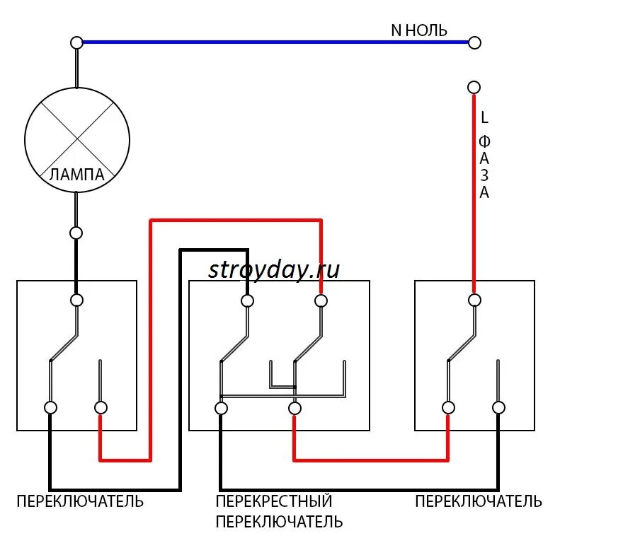 Подключение 3 проходных выключателей к 1 лампочке Схема подключения проходного выключателя Екатеринбург