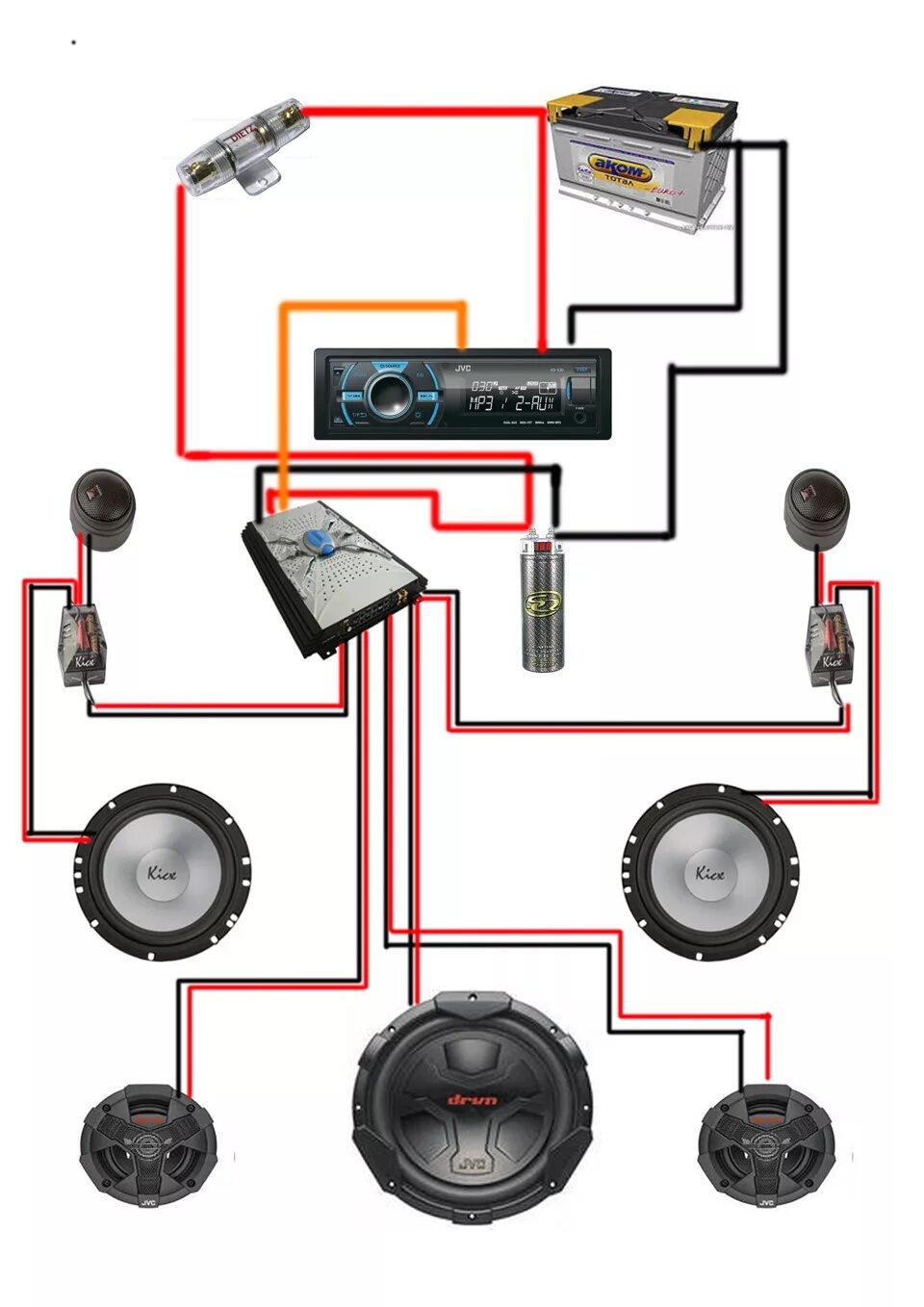 Подключение 3 усилителей к магнитоле Схема акустики в моем автомобиле! - Lada Гранта, 1,6 л, 2012 года автозвук DRIVE