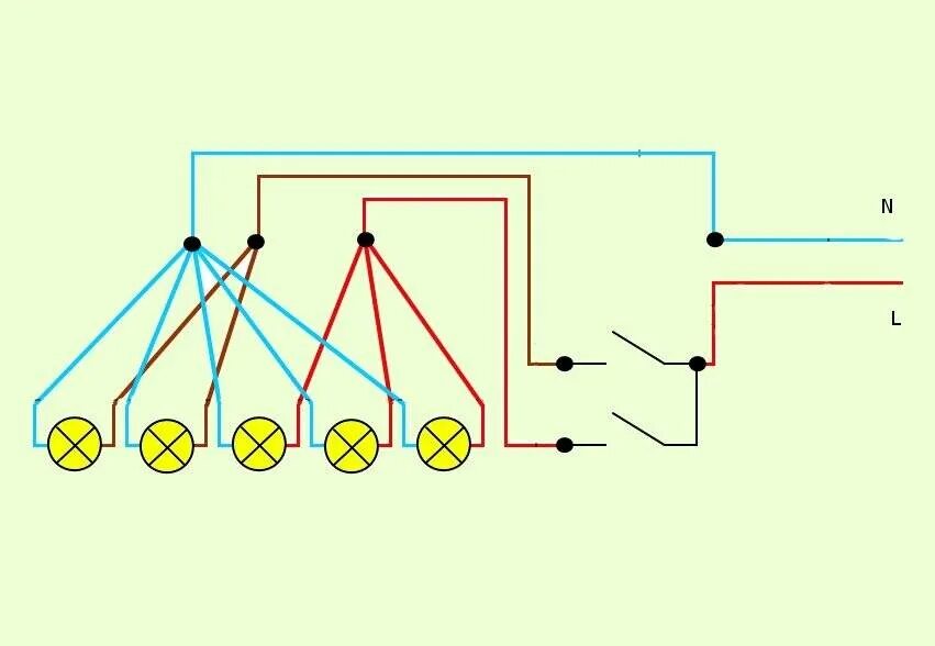 Подключение 3х лампочек к двойному выключателю Как подключить люстру к двойному выключателю, на два и более рожков