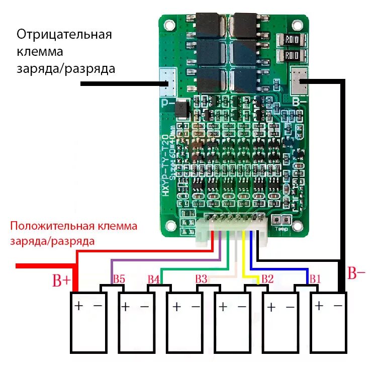 Подключение 4 bms BMS контролер для 6-ти Li-Ion HX-6S-TY-T20 25.2V з балансиром