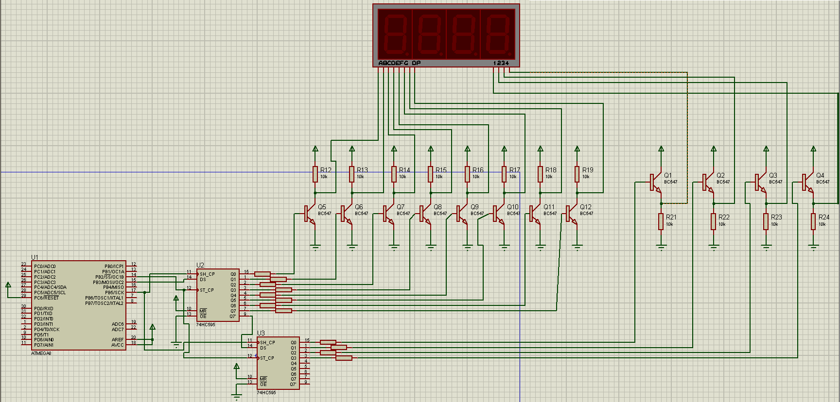 Подключение 4 разрядного китайского модуля индикации vaw ATmega8 + Proteus: работа со сдвиговыми регистром 74HC595