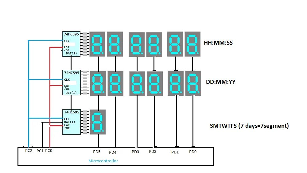 Подключение 4 разрядного китайского модуля индикации vaw Multiplexing 3 rows 6 columns 7-segment based digital clock using 74HC595 - LEDs