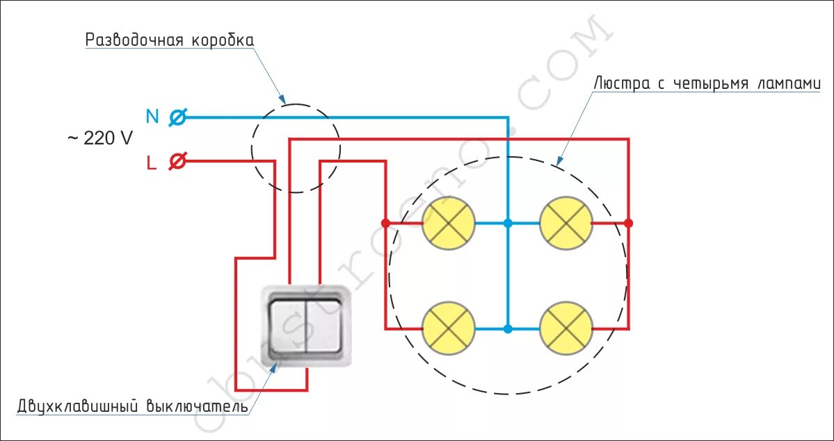 Подключение 4 светильников на один выключатель Как подключить четыре лампы
