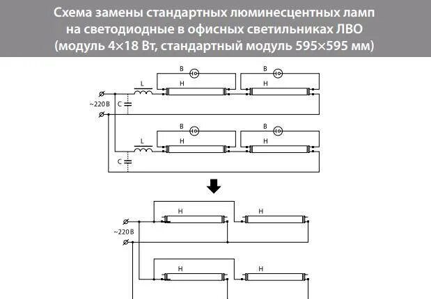 Подключение 4 светодиодных ламп Как переделать люминесцентную лампу на светодиодную фото - DelaDom.ru