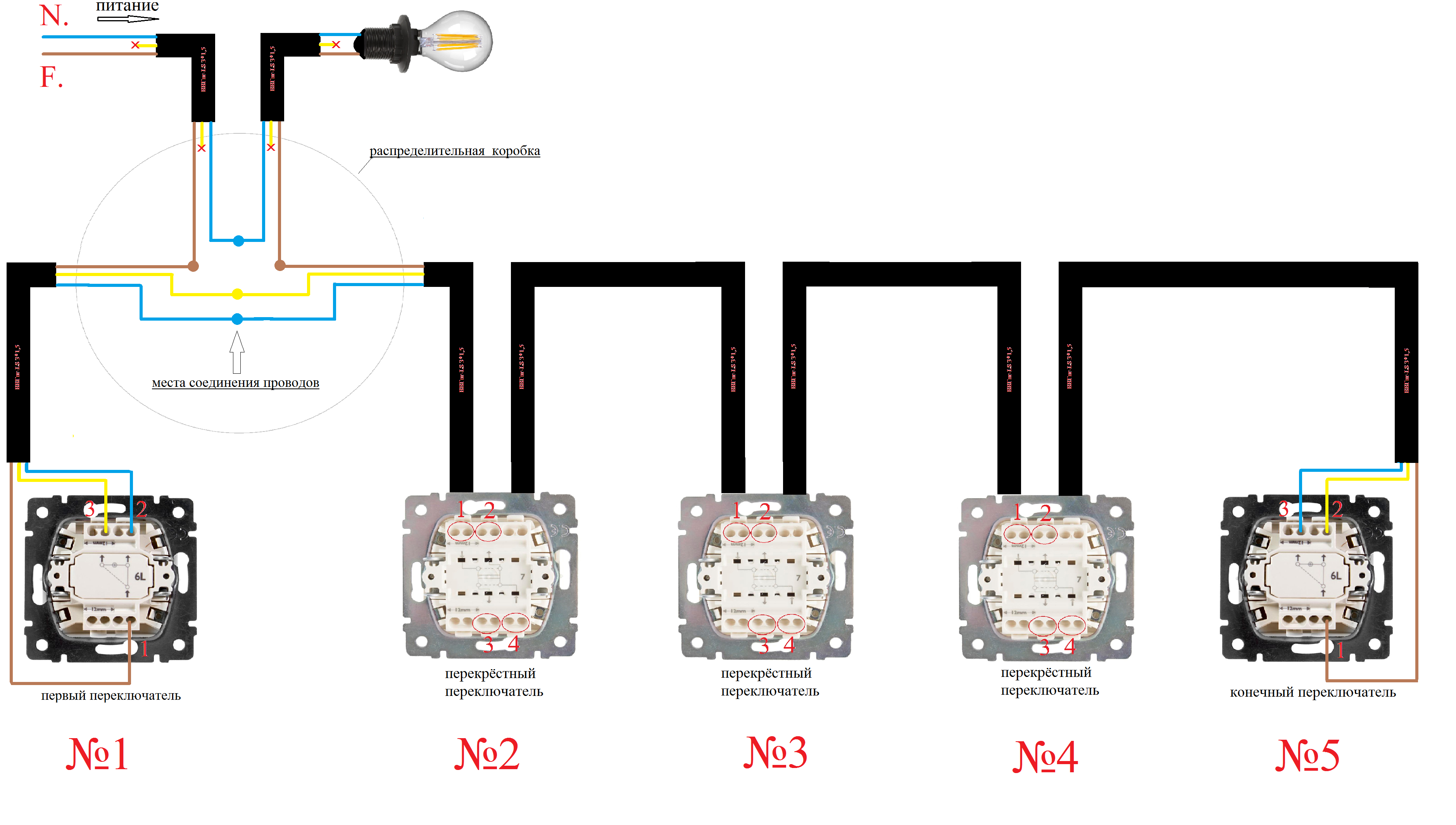 Подключение 5 проходных выключателей схема Проходной выключатель или как управлять освещением с двух и более мест?