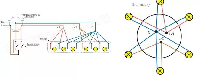 Подключение 5 рожковой люстры схема Как правильно подключить люстру на двойной выключатель?