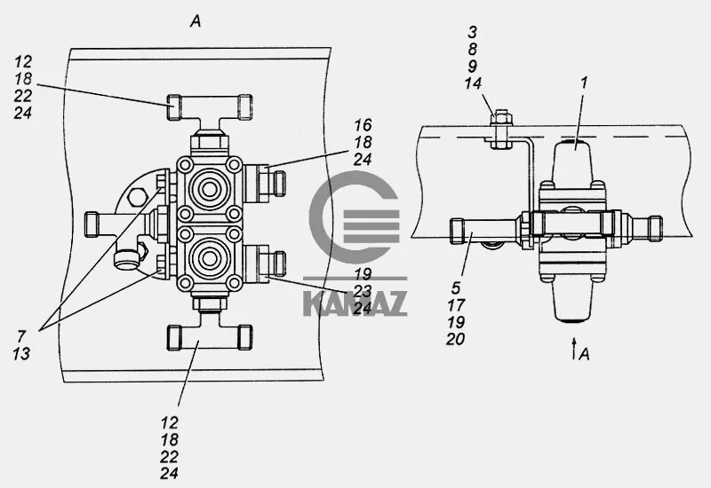 Подключение 53205 3515400 10 Установка четырехконтурного защитного клапана 4308-3500015 для автомобиля КАМАЗ 