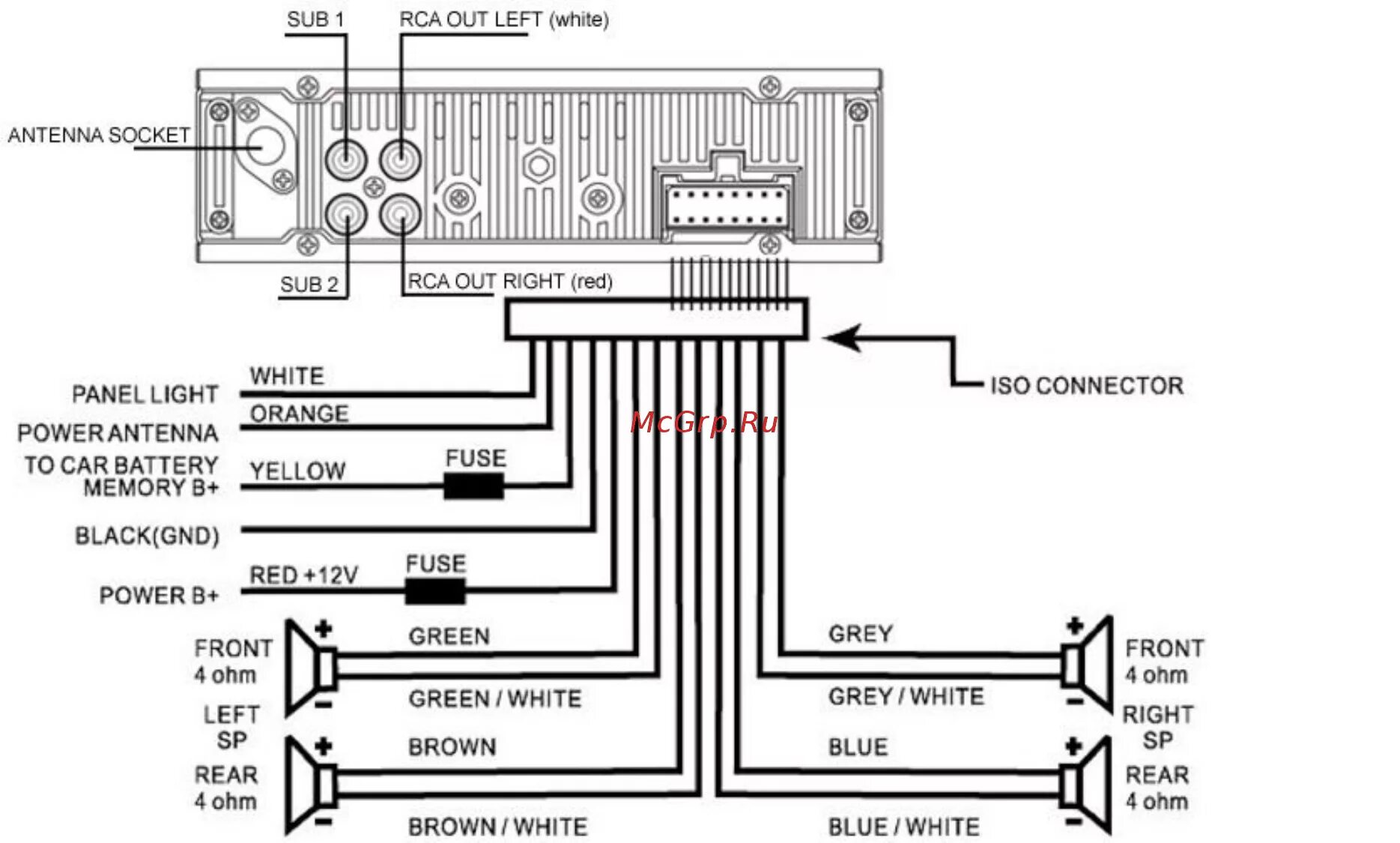 Подключение автомагнитолы к блоку Hyundai H-CDM8033 8/52 Iso speaker connection