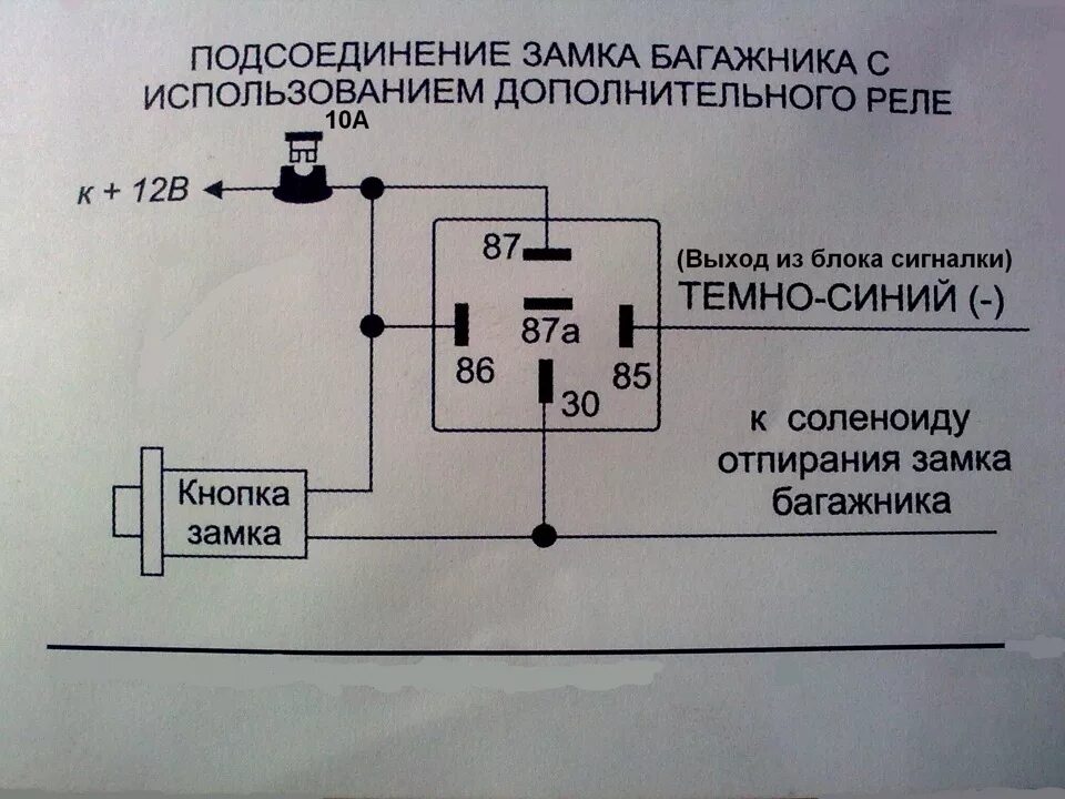 Подключение багажника через реле схема Открытие багажника кнопкой из залона, с пульта сигналки и ключём - Lada 2115, 1,