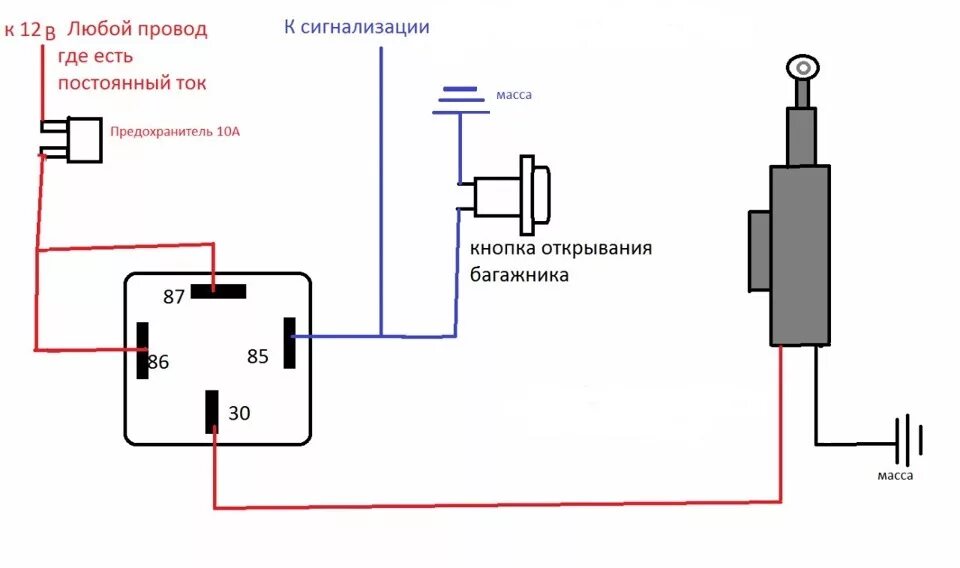 Подключение багажника через реле схема Установка актуатора багажника (открытие багажника с брелка и кнопки в салоне) - 