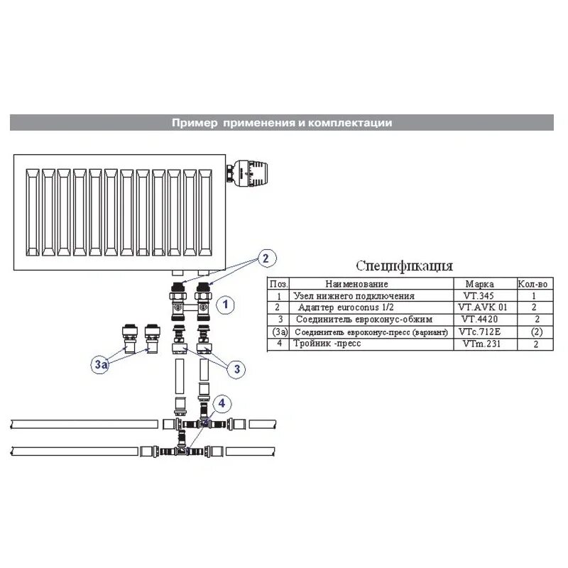 Подключение батарей отопления с нижним подводом схема Узел нижнего подключения радиатора прямой 3/4"ек x 3/4"ек (1/2"н) Valtec VT.345K